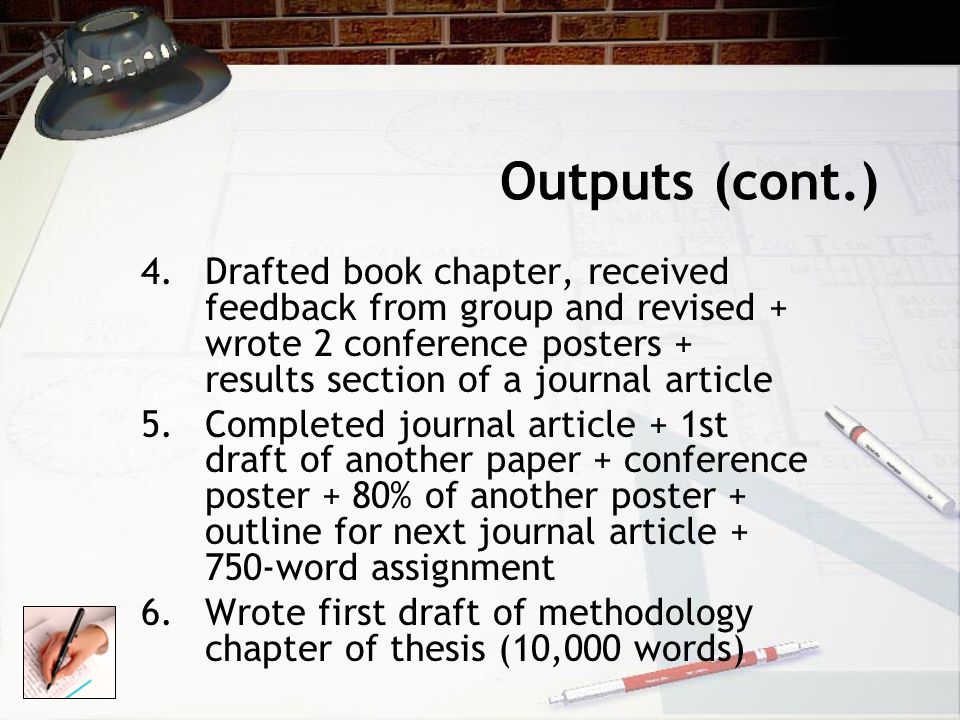 Outputs (cont.) 4.Drafted book chapter, received feedback from group and revised + wrote 2 conference posters + results section of a journal article 5.Completed journal article + 1st draft of another paper + conference poster + 80% of another poster + outline for next journal article word assignment 6.Wrote first draft of methodology chapter of thesis (10,000 words)