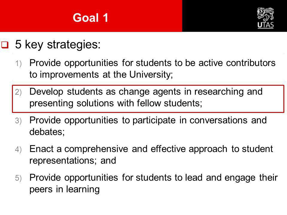  5 key strategies: 1) Provide opportunities for students to be active contributors to improvements at the University; 2) Develop students as change agents in researching and presenting solutions with fellow students; 3) Provide opportunities to participate in conversations and debates; 4) Enact a comprehensive and effective approach to student representations; and 5) Provide opportunities for students to lead and engage their peers in learning Goal 1
