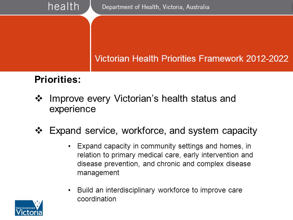 Victorian Health Priorities Priorities:  Improve every Victorian’s health status and experience  Expand service, workforce, and system capacity Expand capacity in community settings and homes, in relation to primary medical care, early intervention and disease prevention, and chronic and complex disease management Build an interdisciplinary workforce to improve care coordination