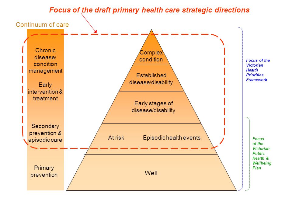 At risk Episodic health events Well Early stages of disease/disability Established disease/disability Complex condition Primary prevention Secondary prevention & episodic care Early intervention & treatment Chronic disease/ condition management Focus of the draft primary health care strategic directions Focus of the Victorian Health Priorities Framework Focus of the Victorian Public Health & Wellbeing Plan Continuum of care