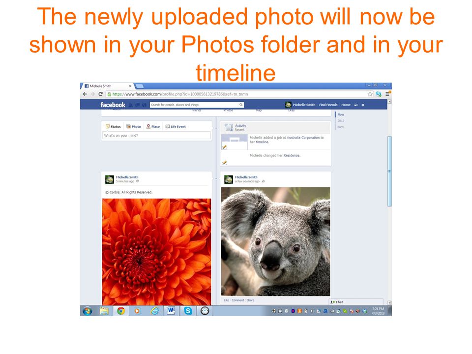The newly uploaded photo will now be shown in your Photos folder and in your timeline