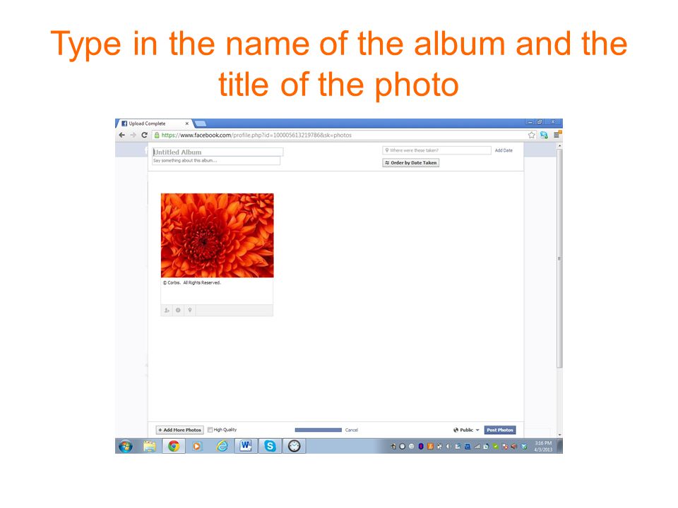 Type in the name of the album and the title of the photo