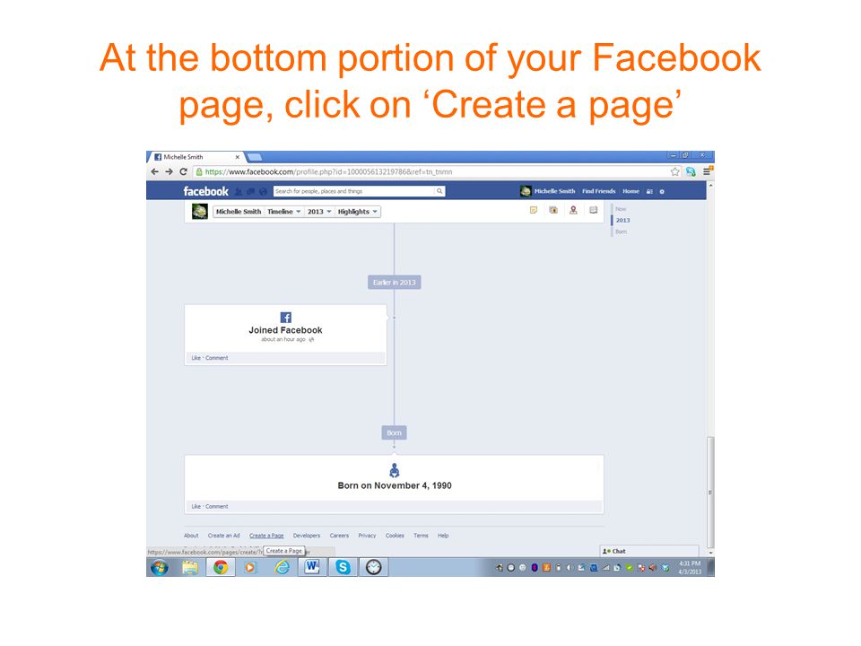 At the bottom portion of your Facebook page, click on ‘Create a page’