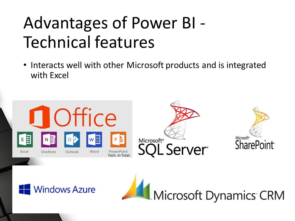 Advantages of Power BI - Technical features Interacts well with other Microsoft products and is integrated with Excel