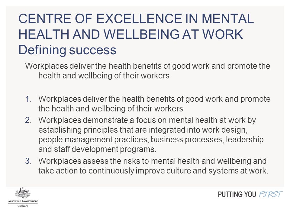 CENTRE OF EXCELLENCE IN MENTAL HEALTH AND WELLBEING AT WORK Defining success Workplaces deliver the health benefits of good work and promote the health and wellbeing of their workers 1.Workplaces deliver the health benefits of good work and promote the health and wellbeing of their workers 2.Workplaces demonstrate a focus on mental health at work by establishing principles that are integrated into work design, people management practices, business processes, leadership and staff development programs.