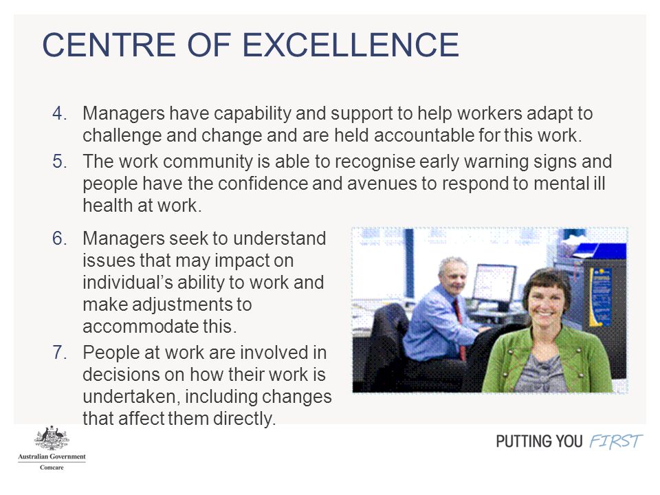 CENTRE OF EXCELLENCE 4.Managers have capability and support to help workers adapt to challenge and change and are held accountable for this work.
