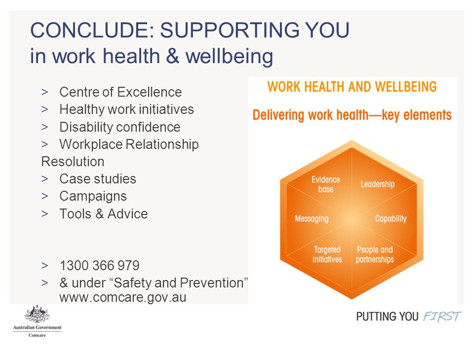 CONCLUDE: SUPPORTING YOU in work health & wellbeing >Centre of Excellence >Healthy work initiatives >Disability confidence >Workplace Relationship Resolution >Case studies >Campaigns >Tools & Advice > >& under Safety and Prevention