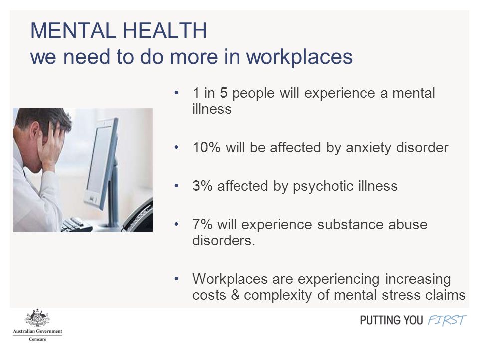 MENTAL HEALTH we need to do more in workplaces 1 in 5 people will experience a mental illness 10% will be affected by anxiety disorder 3% affected by psychotic illness 7% will experience substance abuse disorders.
