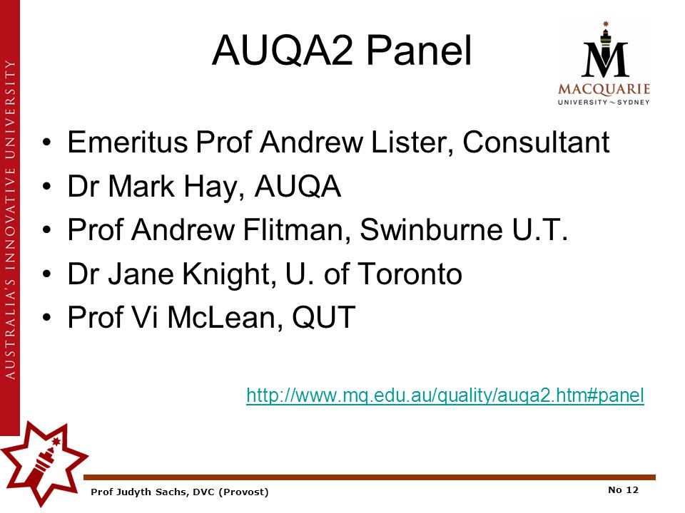 Prof Judyth Sachs, DVC (Provost) No 12 AUQA2 Panel Emeritus Prof Andrew Lister, Consultant Dr Mark Hay, AUQA Prof Andrew Flitman, Swinburne U.T.