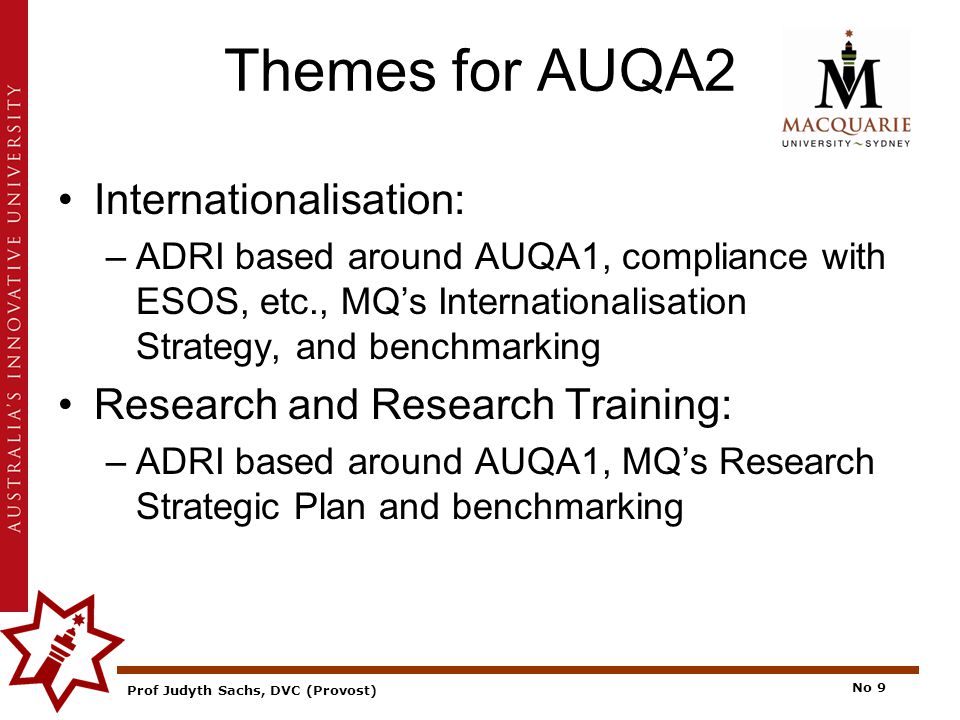 Prof Judyth Sachs, DVC (Provost) No 9 Themes for AUQA2 Internationalisation: –ADRI based around AUQA1, compliance with ESOS, etc., MQ’s Internationalisation Strategy, and benchmarking Research and Research Training: –ADRI based around AUQA1, MQ’s Research Strategic Plan and benchmarking