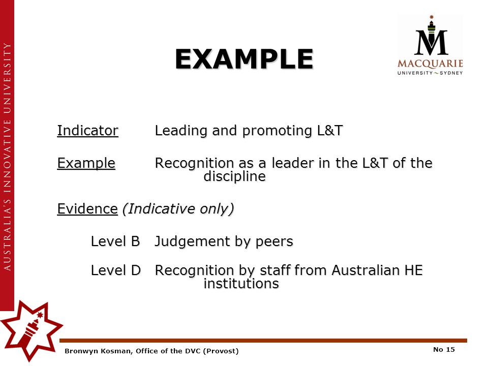 Bronwyn Kosman, Office of the DVC (Provost) No 15 EXAMPLE IndicatorLeading and promoting L&T ExampleRecognition as a leader in the L&T of the discipline Evidence (Indicative only) Level BJudgement by peers Level DRecognition by staff from Australian HE institutions
