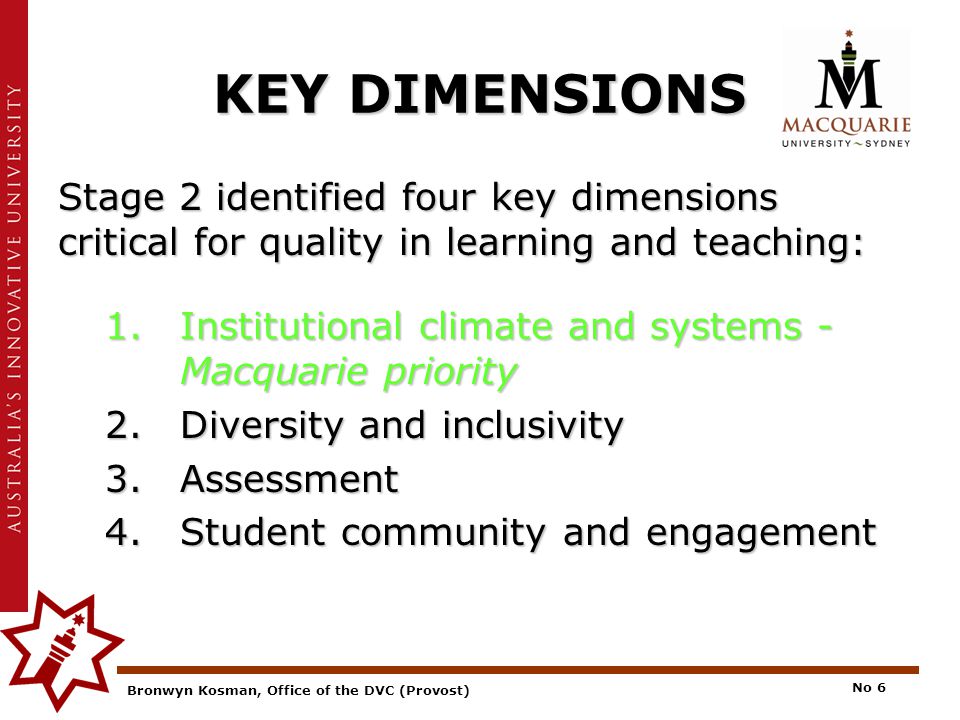 Bronwyn Kosman, Office of the DVC (Provost) No 6 KEY DIMENSIONS Stage 2 identified four key dimensions critical for quality in learning and teaching: 1.Institutional climate and systems - Macquarie priority 2.Diversity and inclusivity 3.Assessment 4.Student community and engagement