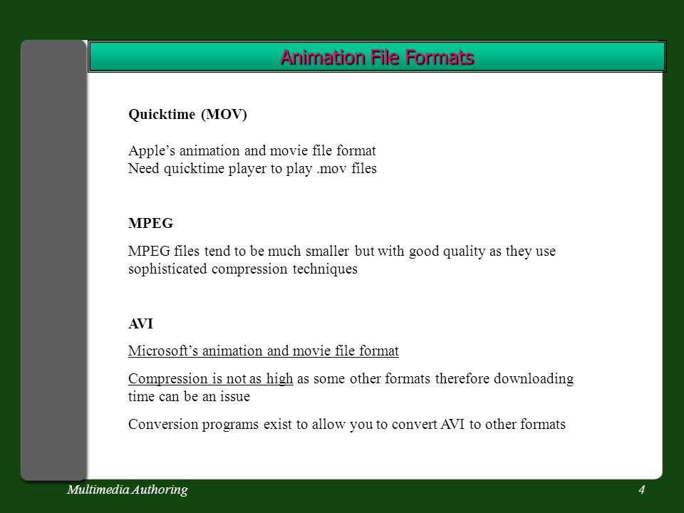 Multimedia Authoring1 Animation Animation File Formats Animated GIF It is a  version of the GIF image format. GIF89a allows multiple images to be put  into. - ppt download
