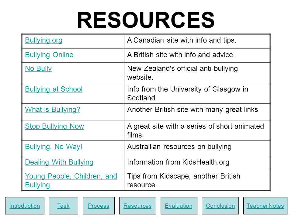 RESOURCES Bullying.orgA Canadian site with info and tips.