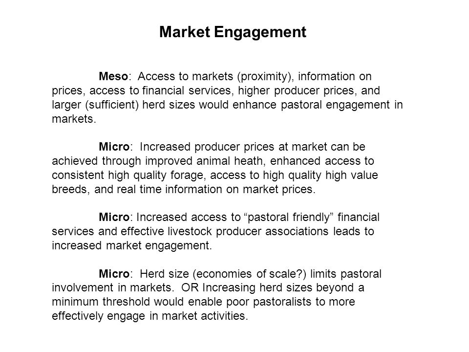 Meso: Access to markets (proximity), information on prices, access to financial services, higher producer prices, and larger (sufficient) herd sizes would enhance pastoral engagement in markets.