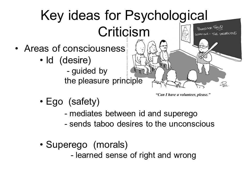 Key ideas for Psychological Criticism Areas of consciousness Id (desire) - guided by the pleasure principle Ego (safety) - mediates between id and superego - sends taboo desires to the unconscious Superego (morals) - learned sense of right and wrong