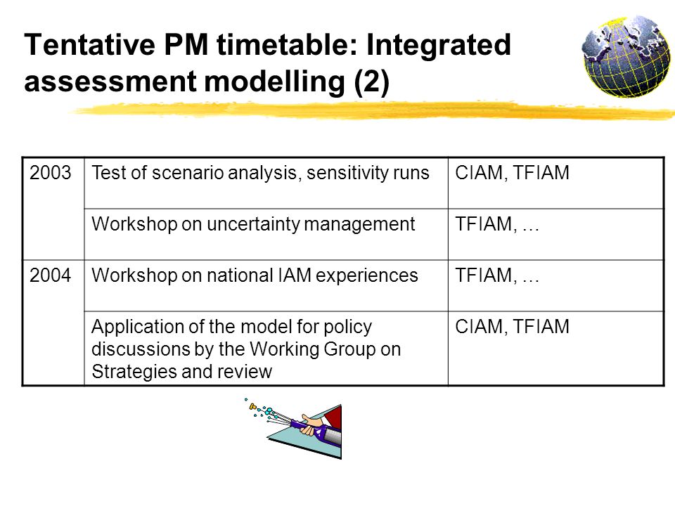 Tentative PM timetable: Integrated assessment modelling (2) 2003Test of scenario analysis, sensitivity runsCIAM, TFIAM Workshop on uncertainty managementTFIAM, … 2004Workshop on national IAM experiencesTFIAM, … Application of the model for policy discussions by the Working Group on Strategies and review CIAM, TFIAM