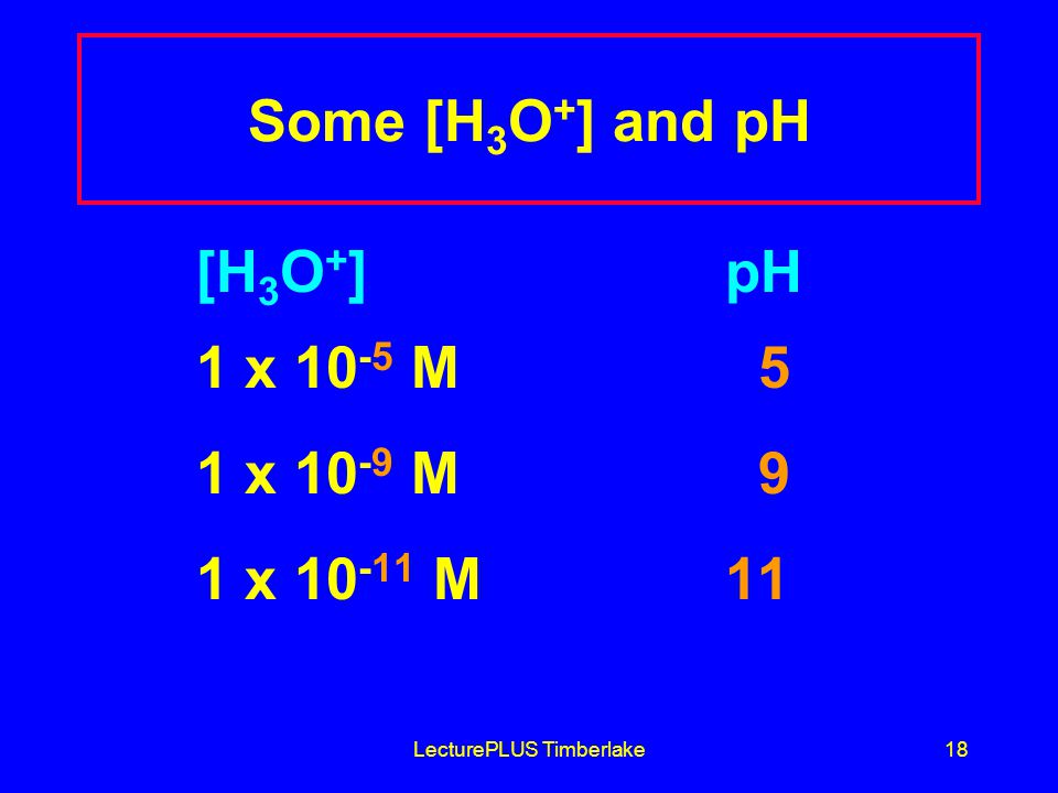 LecturePLUS Timberlake18 Some [H 3 O + ] and pH [H 3 O + ] pH 1 x M 5 1 x M 9 1 x M 11