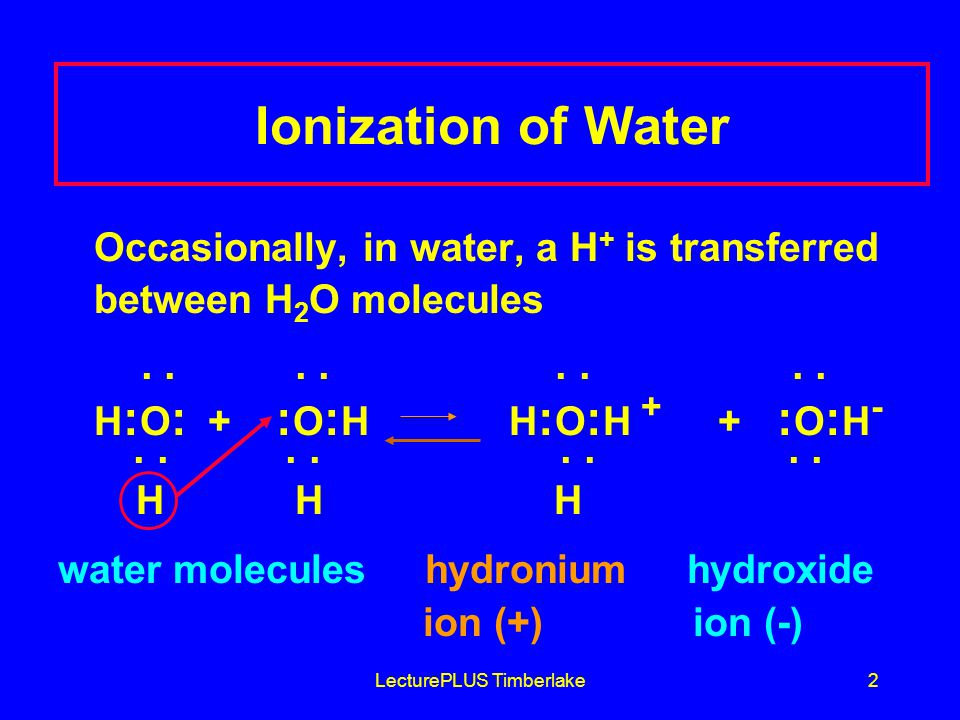LecturePLUS Timberlake2 Ionization of Water Occasionally, in water, a H + is transferred between H 2 O molecules