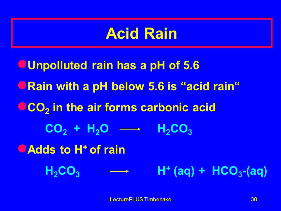 LecturePLUS Timberlake30 Acid Rain Unpolluted rain has a pH of 5.6 Rain with a pH below 5.6 is acid rain CO 2 in the air forms carbonic acid CO 2 + H 2 O H 2 CO 3 Adds to H + of rain H 2 CO 3 H + (aq) + HCO 3 -(aq) Formation of acid rain: 1.
