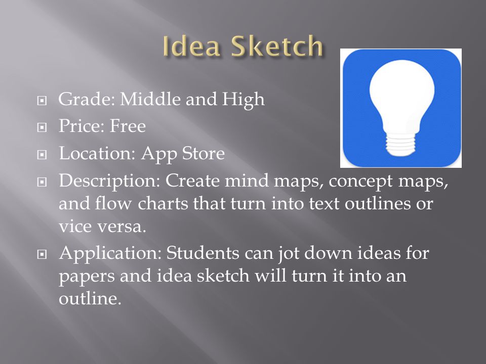  Grade: Middle and High  Price: Free  Location: App Store  Description: Create mind maps, concept maps, and flow charts that turn into text outlines or vice versa.