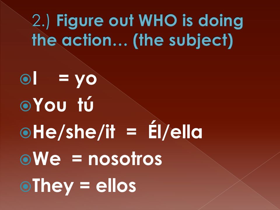  I = yo  You tú  He/she/it = Él/ella  We = nosotros  They = ellos