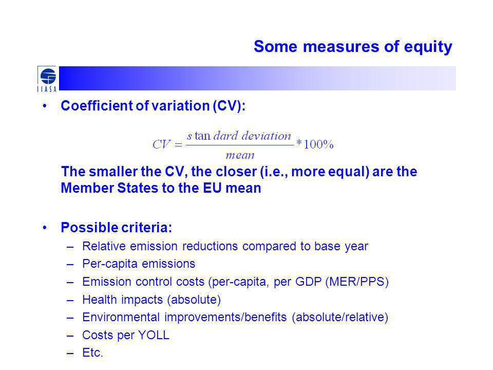 Some measures of equity Coefficient of variation (CV): The smaller the CV, the closer (i.e., more equal) are the Member States to the EU mean Possible criteria: –Relative emission reductions compared to base year –Per-capita emissions –Emission control costs (per-capita, per GDP (MER/PPS) –Health impacts (absolute) –Environmental improvements/benefits (absolute/relative) –Costs per YOLL –Etc.