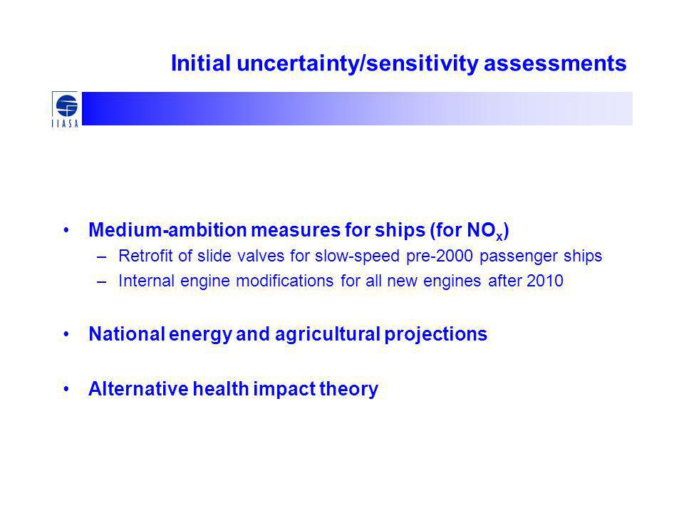Initial uncertainty/sensitivity assessments Medium-ambition measures for ships (for NO x ) –Retrofit of slide valves for slow-speed pre-2000 passenger ships –Internal engine modifications for all new engines after 2010 National energy and agricultural projections Alternative health impact theory