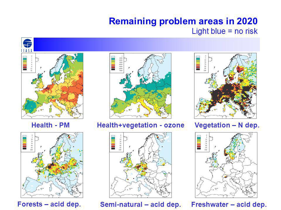 Remaining problem areas in 2020 Light blue = no risk Forests – acid dep.