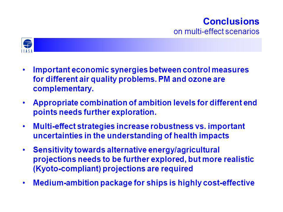 Conclusions on multi-effect scenarios Important economic synergies between control measures for different air quality problems.
