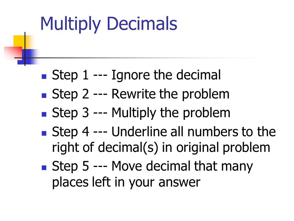 Multiplying Decimals 1. Multiply 2. Move the decimal