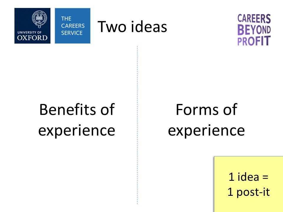 Two ideas Benefits of experience Forms of experience 1 idea = 1 post-it
