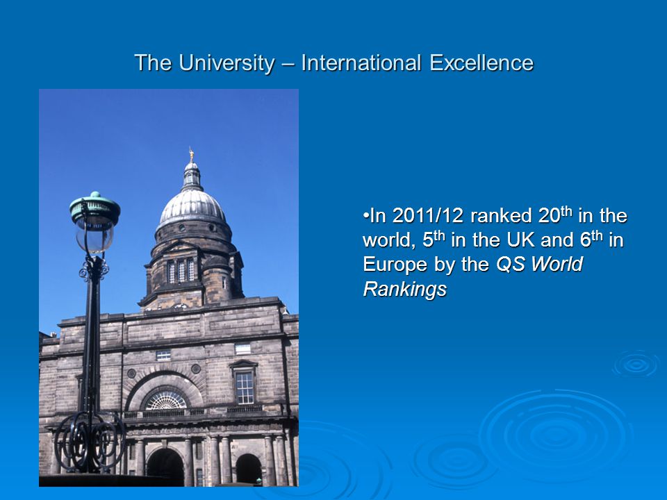 The University – International Excellence In 2011/12 ranked 20 th in the world, 5 th in the UK and 6 th in Europe by the QS World RankingsIn 2011/12 ranked 20 th in the world, 5 th in the UK and 6 th in Europe by the QS World Rankings