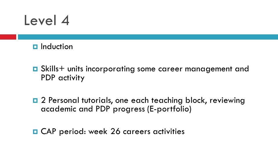 Level 4  Induction  Skills+ units incorporating some career management and PDP activity  2 Personal tutorials, one each teaching block, reviewing academic and PDP progress (E-portfolio)  CAP period: week 26 careers activities