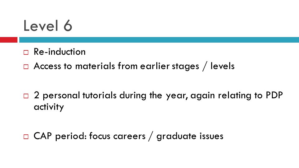 Level 6  Re-induction  Access to materials from earlier stages / levels  2 personal tutorials during the year, again relating to PDP activity  CAP period: focus careers / graduate issues