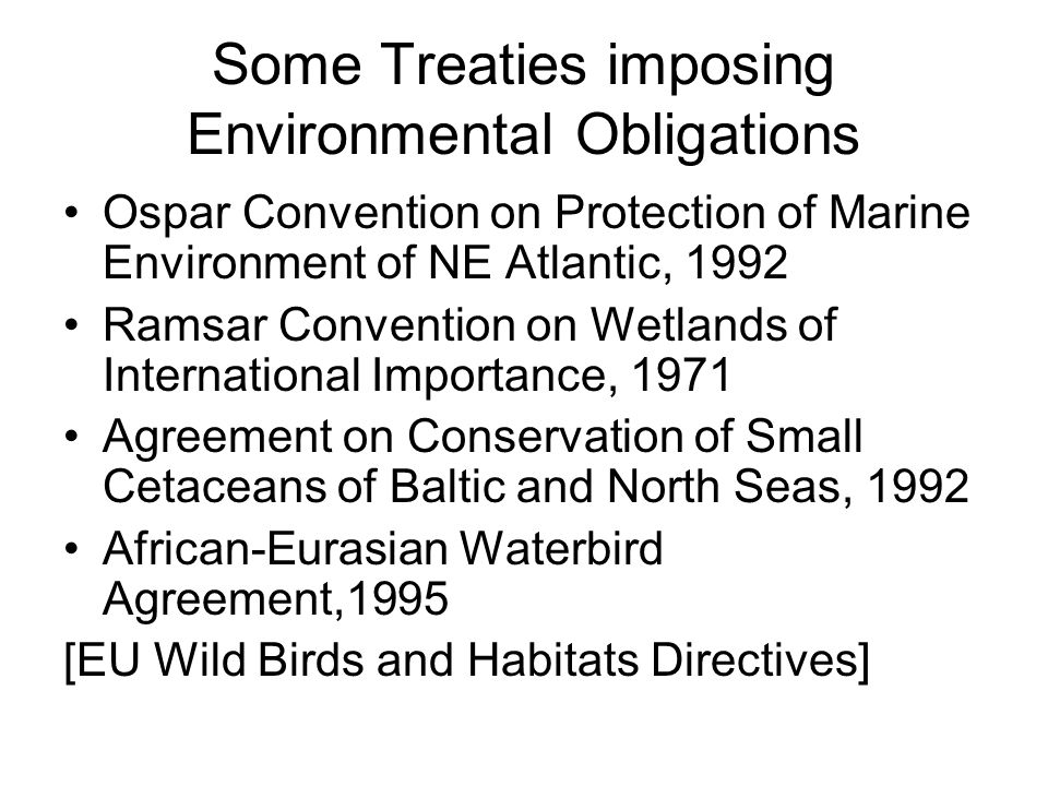 Some Treaties imposing Environmental Obligations Ospar Convention on Protection of Marine Environment of NE Atlantic, 1992 Ramsar Convention on Wetlands of International Importance, 1971 Agreement on Conservation of Small Cetaceans of Baltic and North Seas, 1992 African-Eurasian Waterbird Agreement,1995 [EU Wild Birds and Habitats Directives]