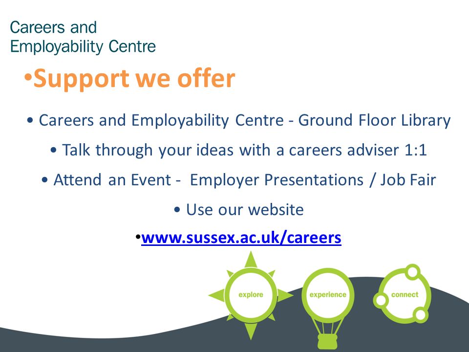 Support we offer Careers and Employability Centre - Ground Floor Library Talk through your ideas with a careers adviser 1:1 Attend an Event - Employer Presentations / Job Fair Use our website