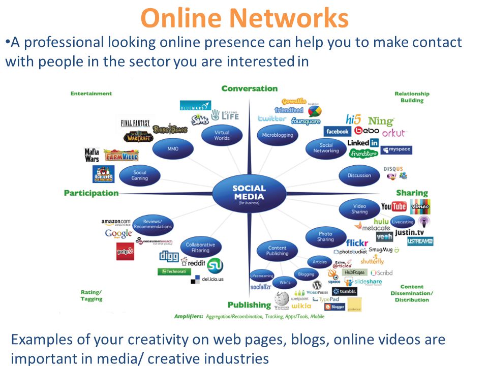 Online Networks A professional looking online presence can help you to make contact with people in the sector you are interested in Examples of your creativity on web pages, blogs, online videos are important in media/ creative industries