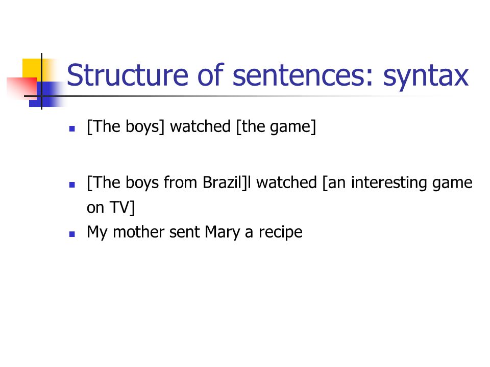 Structure of sentences: syntax [The boys] watched [the game] [The boys from Brazil]l watched [an interesting game on TV] My mother sent Mary a recipe