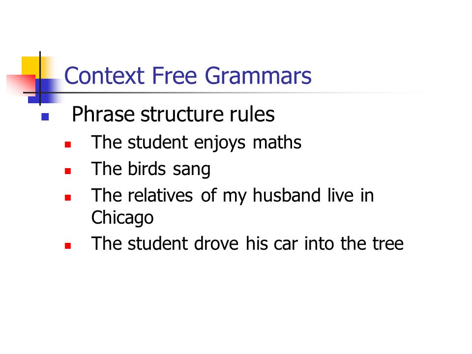 Context Free Grammars Phrase structure rules The student enjoys maths The birds sang The relatives of my husband live in Chicago The student drove his car into the tree