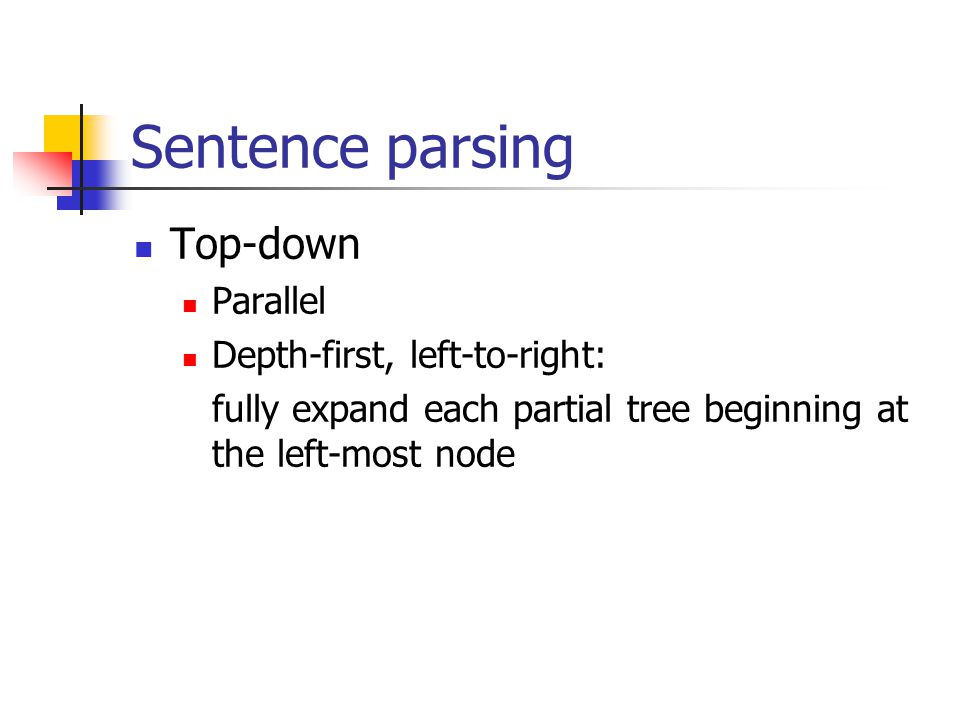 Sentence parsing Top-down Parallel Depth-first, left-to-right: fully expand each partial tree beginning at the left-most node