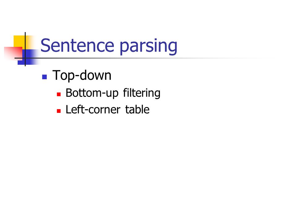 Sentence parsing Top-down Bottom-up filtering Left-corner table