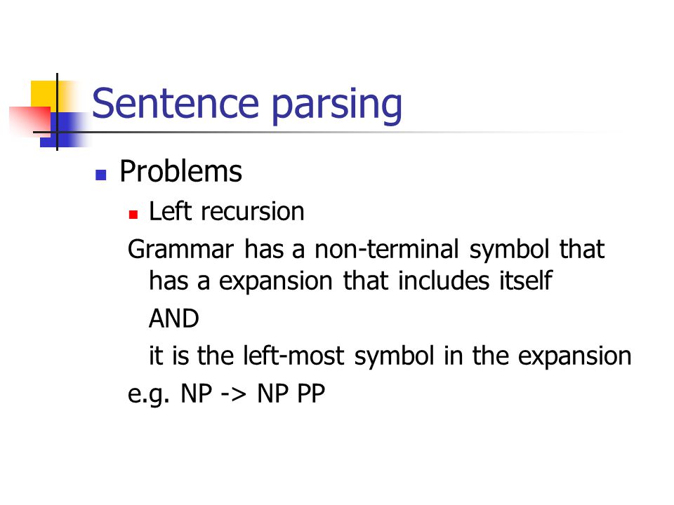Sentence parsing Problems Left recursion Grammar has a non-terminal symbol that has a expansion that includes itself AND it is the left-most symbol in the expansion e.g.