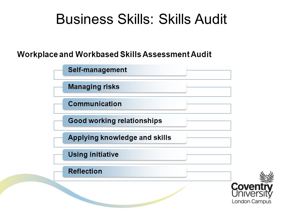 Workplace and Workbased Skills Assessment Audit Business Skills: Skills Audit Self-managementManaging risksCommunicationGood working relationshipsApplying knowledge and skillsUsing initiativeReflection