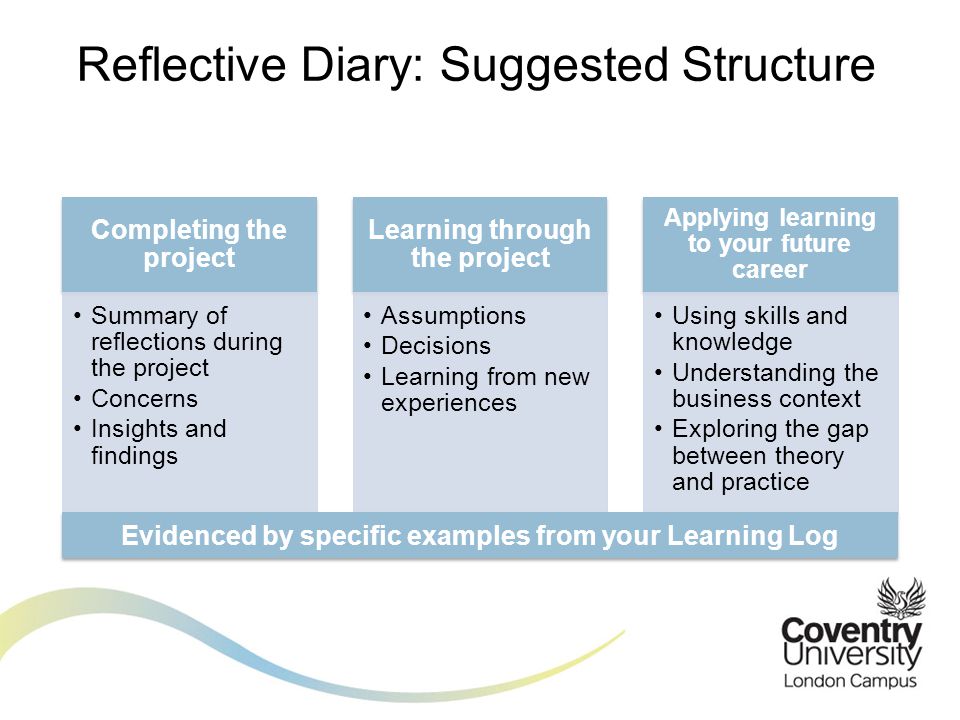 Reflective Diary: Suggested Structure Completing the project Summary of reflections during the project Concerns Insights and findings Learning through the project Assumptions Decisions Learning from new experiences Applying learning to your future career Using skills and knowledge Understanding the business context Exploring the gap between theory and practice Evidenced by specific examples from your Learning Log