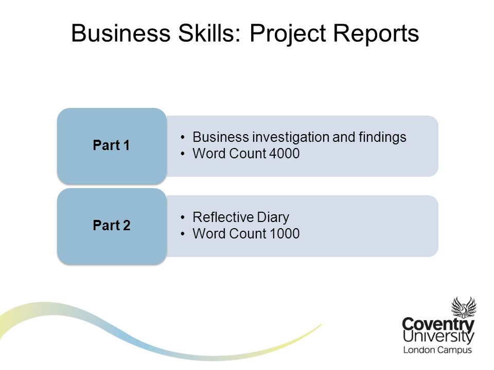 Business investigation and findings Word Count 4000 Part 1 Reflective Diary Word Count 1000 Part 2 Business Skills: Project Reports