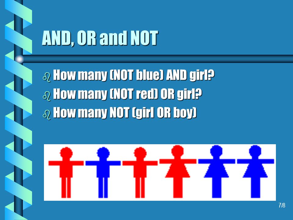 7/8 AND, OR and NOT b How many (NOT blue) AND girl.