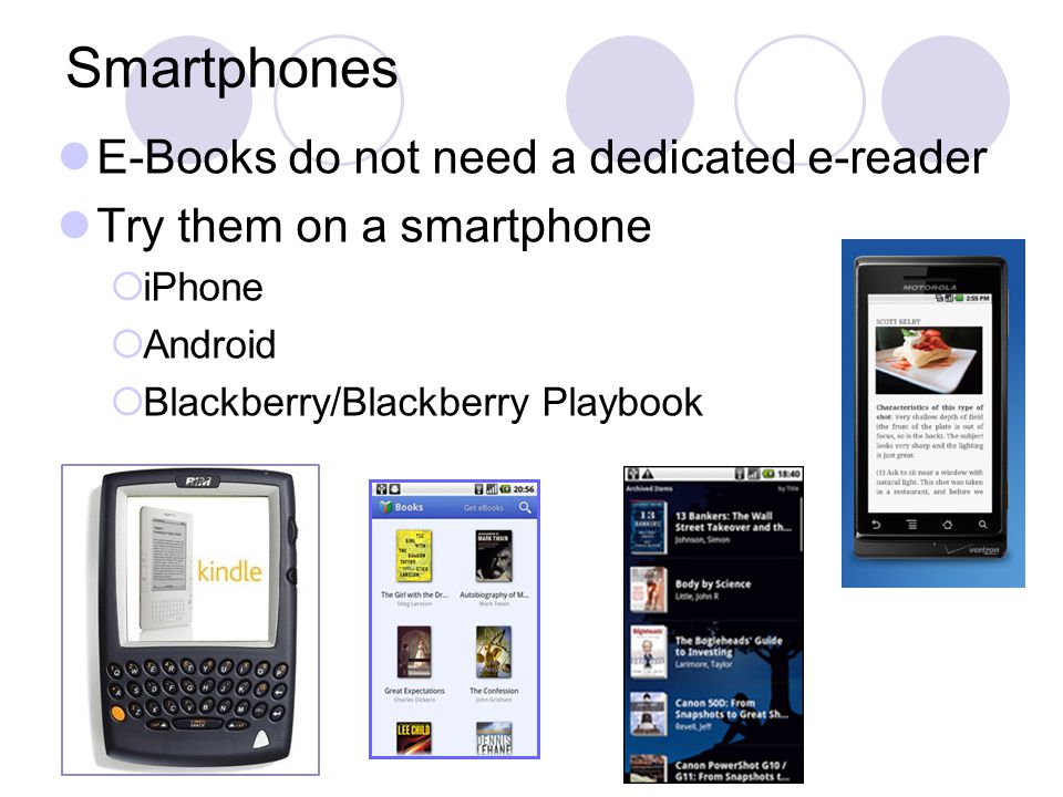 Smartphones E-Books do not need a dedicated e-reader Try them on a smartphone  iPhone  Android  Blackberry/Blackberry Playbook