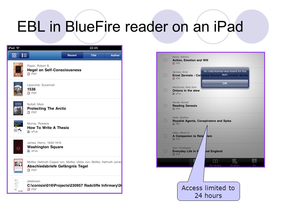 EBL in BlueFire reader on an iPad Access limited to 24 hours