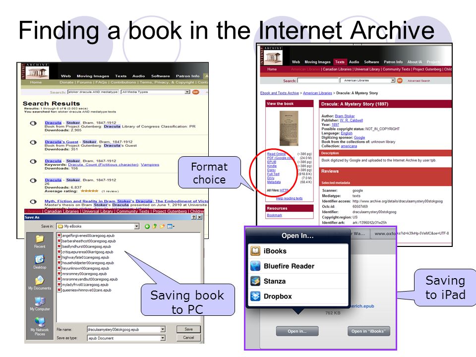 Finding a book in the Internet Archive Saving book to PC Format choice Saving to iPad